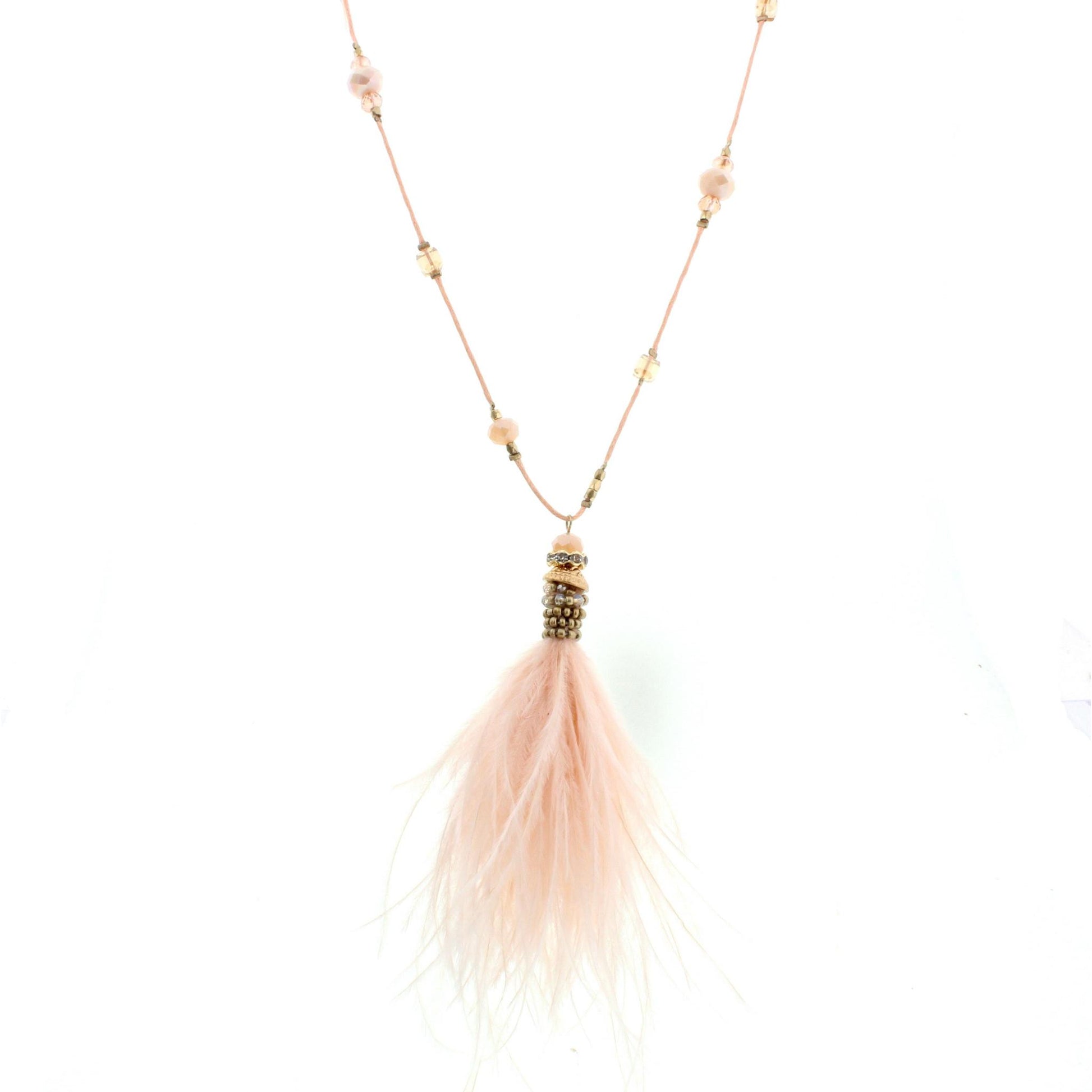 32" Beaded Pink Cord Necklace with Pink Feather Tassel, 3"Ext