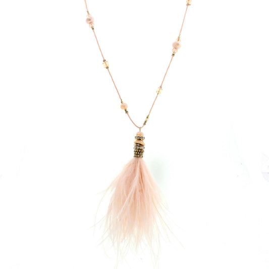32" Beaded Pink Cord Necklace with Pink Feather Tassel, 3"Ext