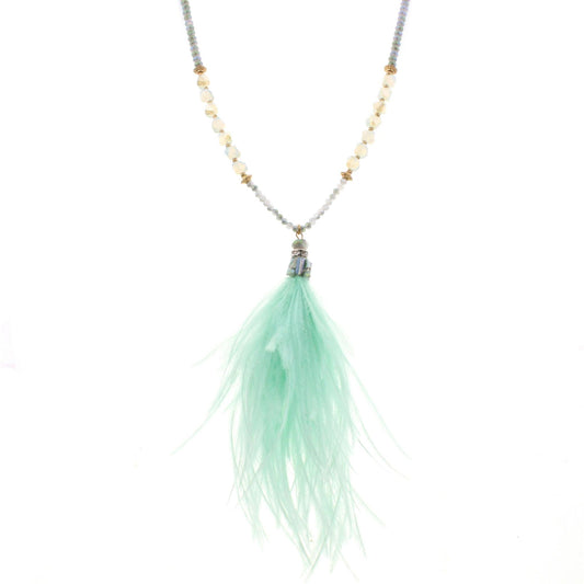 32" Beaded AB Grey/Opal Necklace with Mint Feather Tassel, 3" Ext