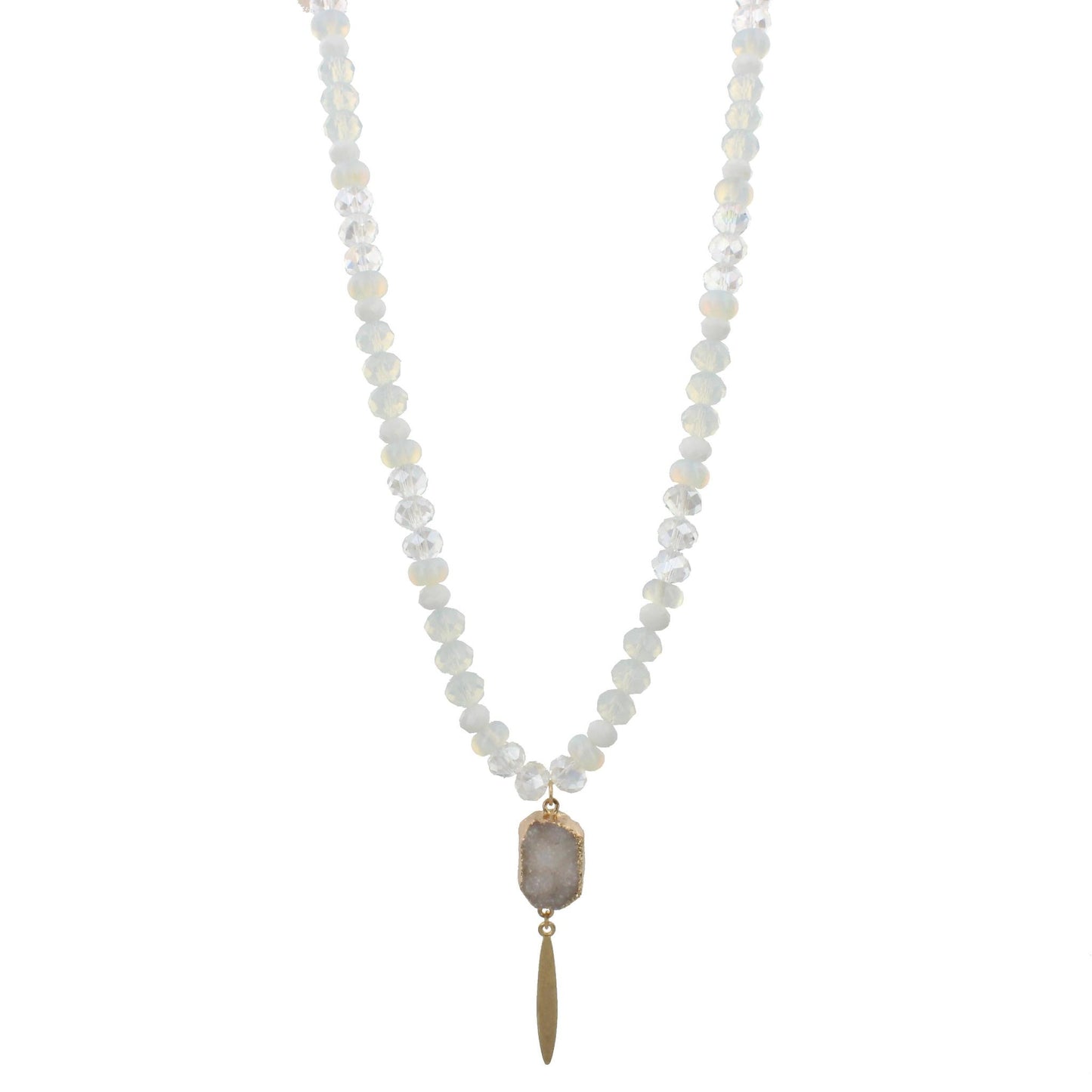 30" Half Beaded, Moonstone, Clear, White Necklace with White Druzy Pendant & Spear, 3" Ext