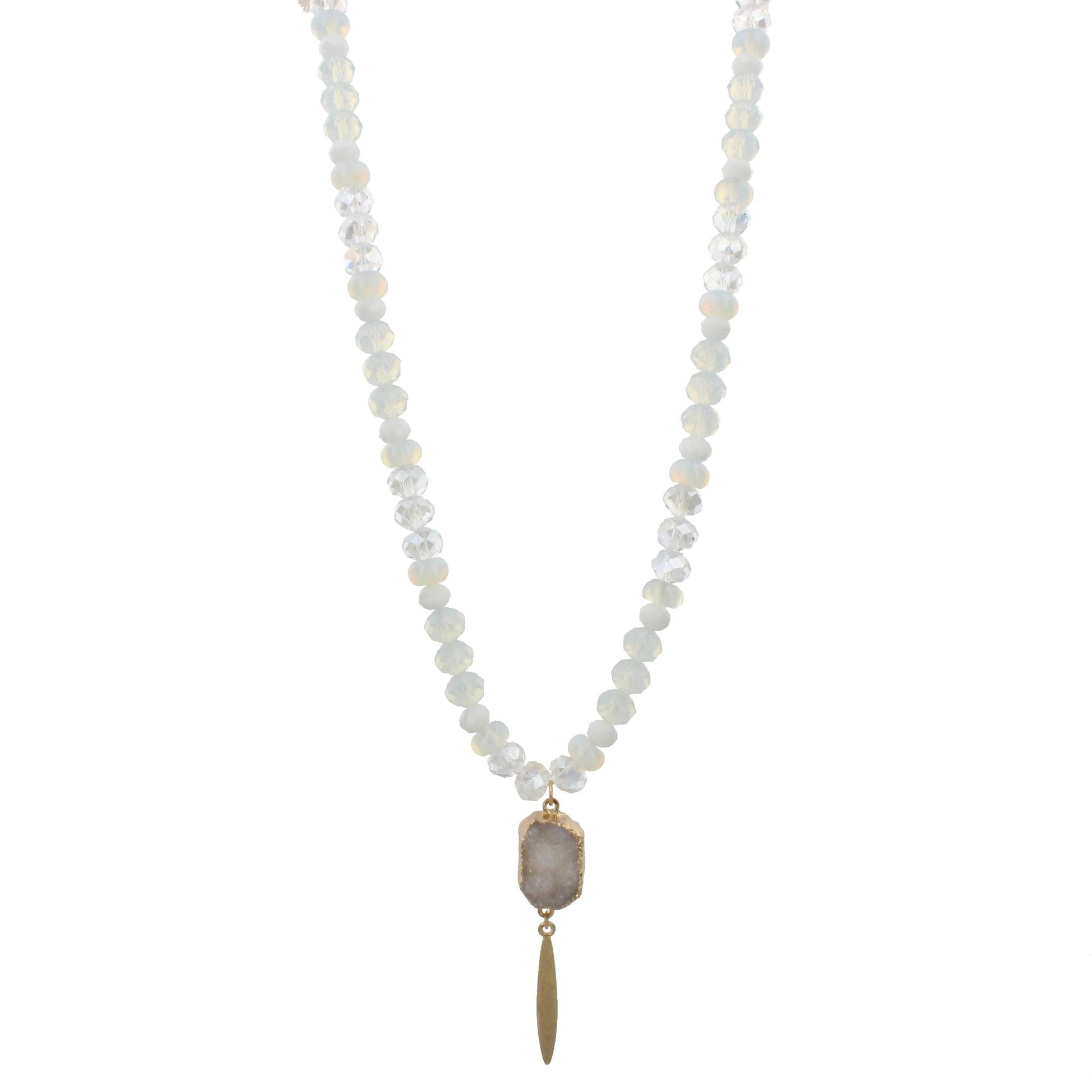 30" Half Beaded, Moonstone, Clear, White Necklace with White Druzy Pendant & Spear, 3" Ext