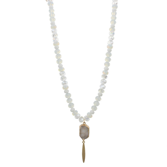 30" Half Beaded, Moonstone, Clear, White Necklace with White Druzy Pendant & Spear, 3" Ext