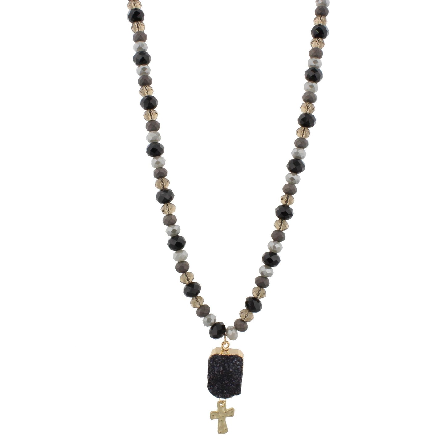 30" Half Beaded, Jet, Grey, Black Diamond Necklace with Jet Druzy Pendant & Cross, 3" Ext