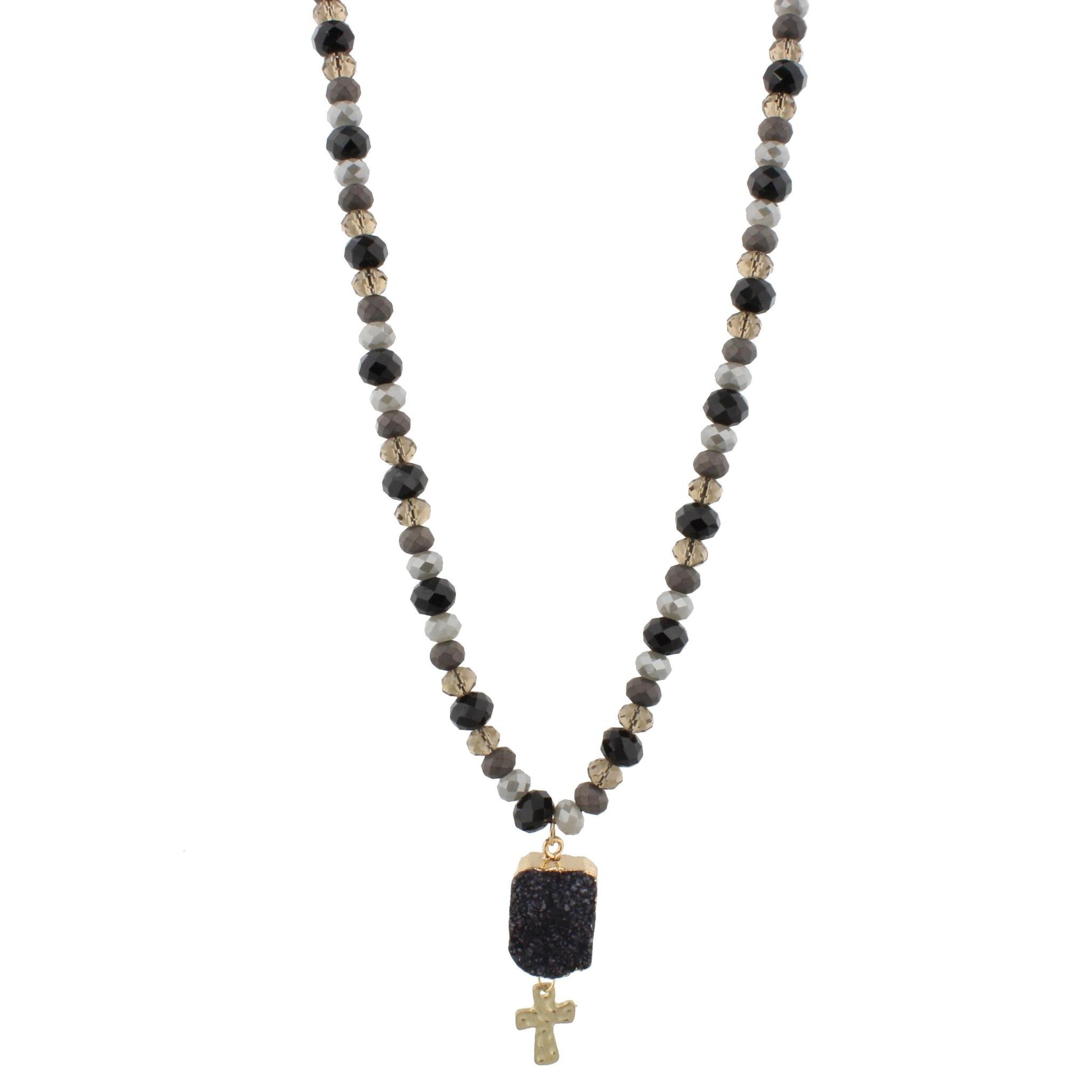 30" Half Beaded, Jet, Grey, Black Diamond Necklace with Jet Druzy Pendant & Cross, 3" Ext