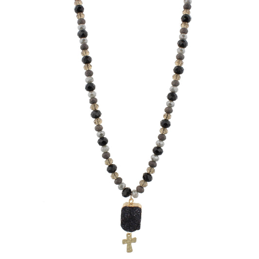 30" Half Beaded, Jet, Grey, Black Diamond Necklace with Jet Druzy Pendant & Cross, 3" Ext