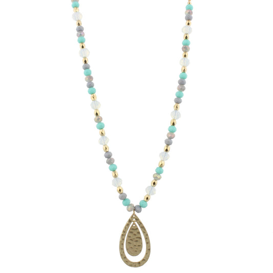 30" Half Beaded, Mint, Grey, Moonstone Necklace with Teardrop Pendant, 3" Ext