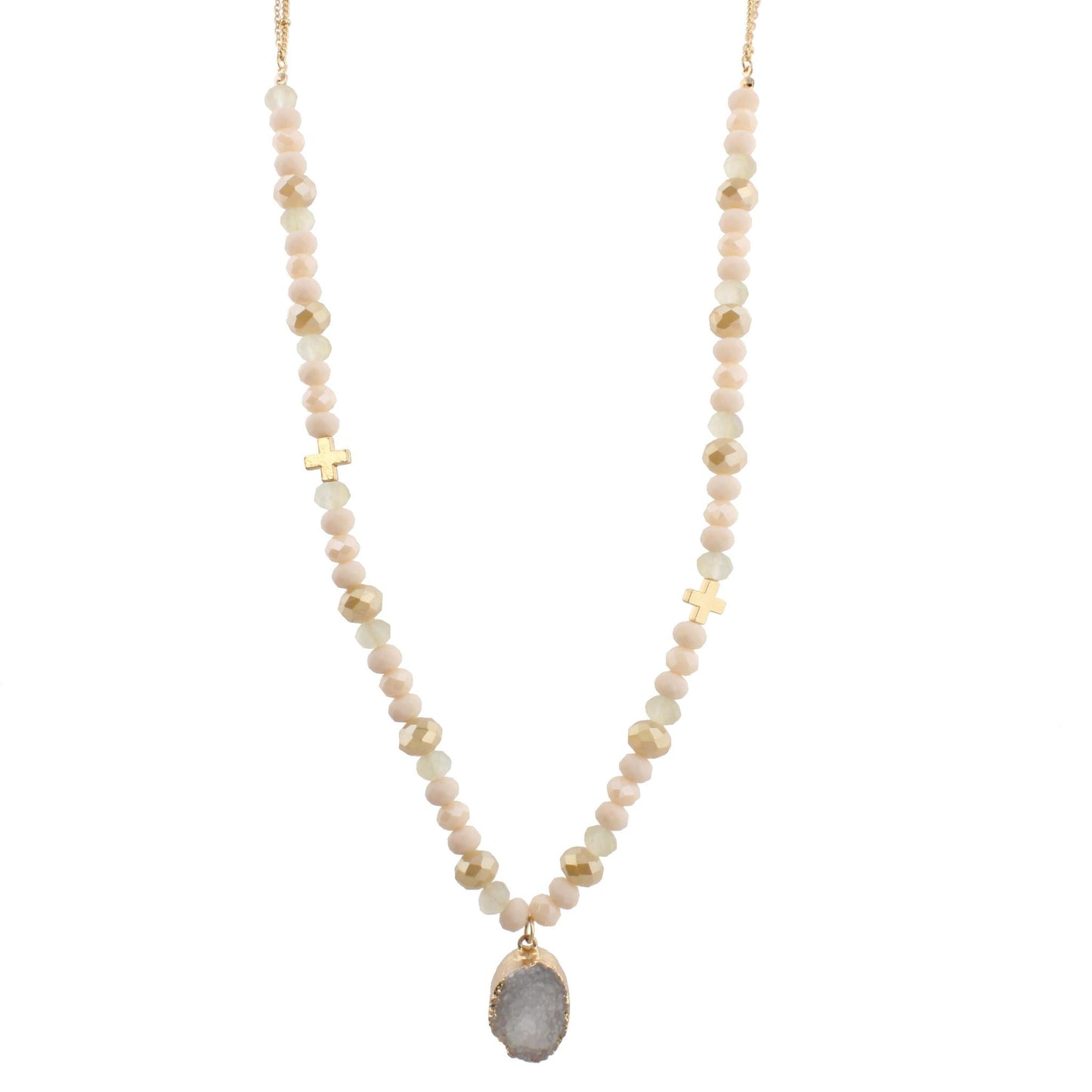 30" Half Beaded, Blush, Champagne , Cross Necklace with White Druzy Pendant, 3" Ext