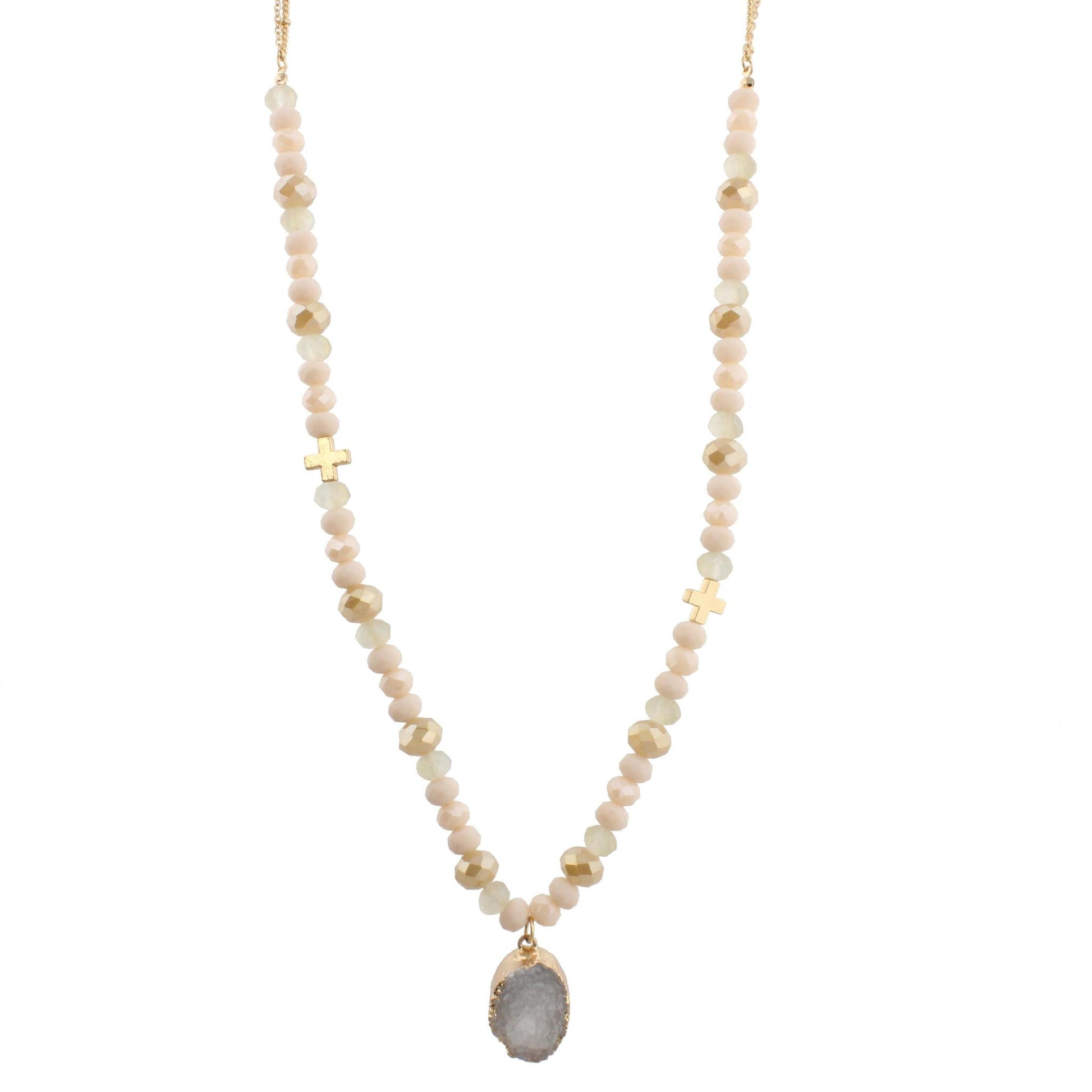 30" Half Beaded, Blush, Champagne , Cross Necklace with White Druzy Pendant, 3" Ext