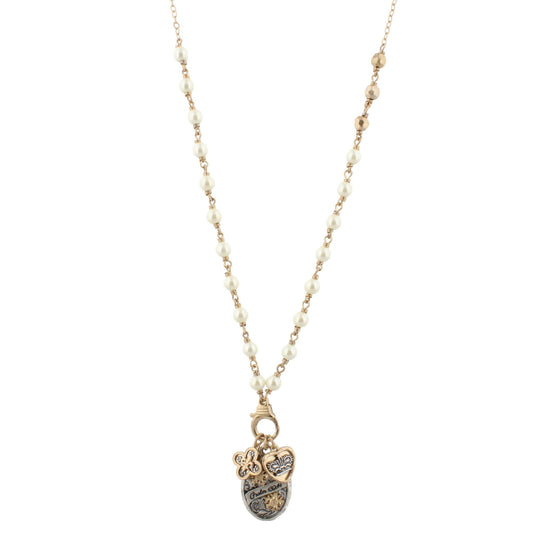 30" Gold Linked Pearl Necklace with "Psalm 139:14" & Coordinating Charms, 3" Ext