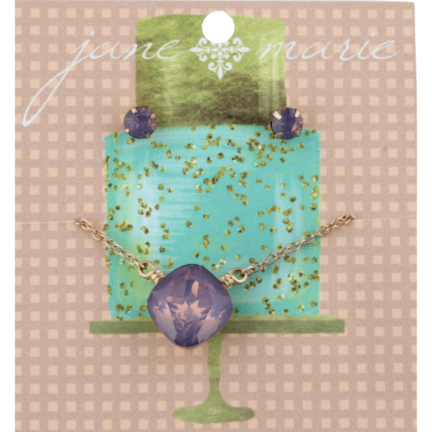 16" Lavender Cube Rhinestone Necklace with Matching Stud Earrings, 3" Ext