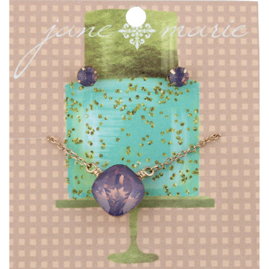 16" Lavender Cube Rhinestone Necklace with Matching Stud Earrings, 3" Ext