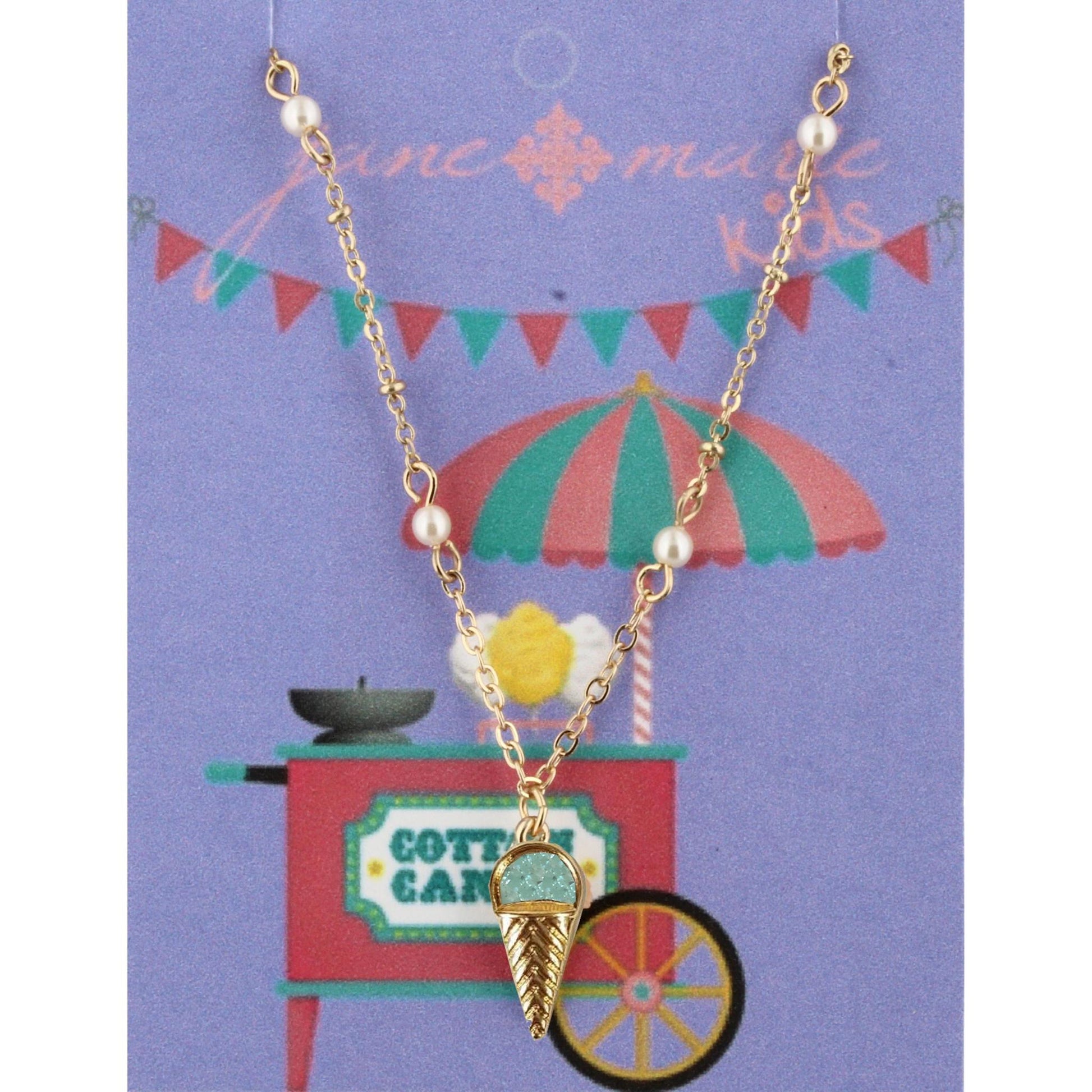 14" Kids Pearl Linked Necklace with Mint IceCream Cone Druzy Icon, 2"Ext