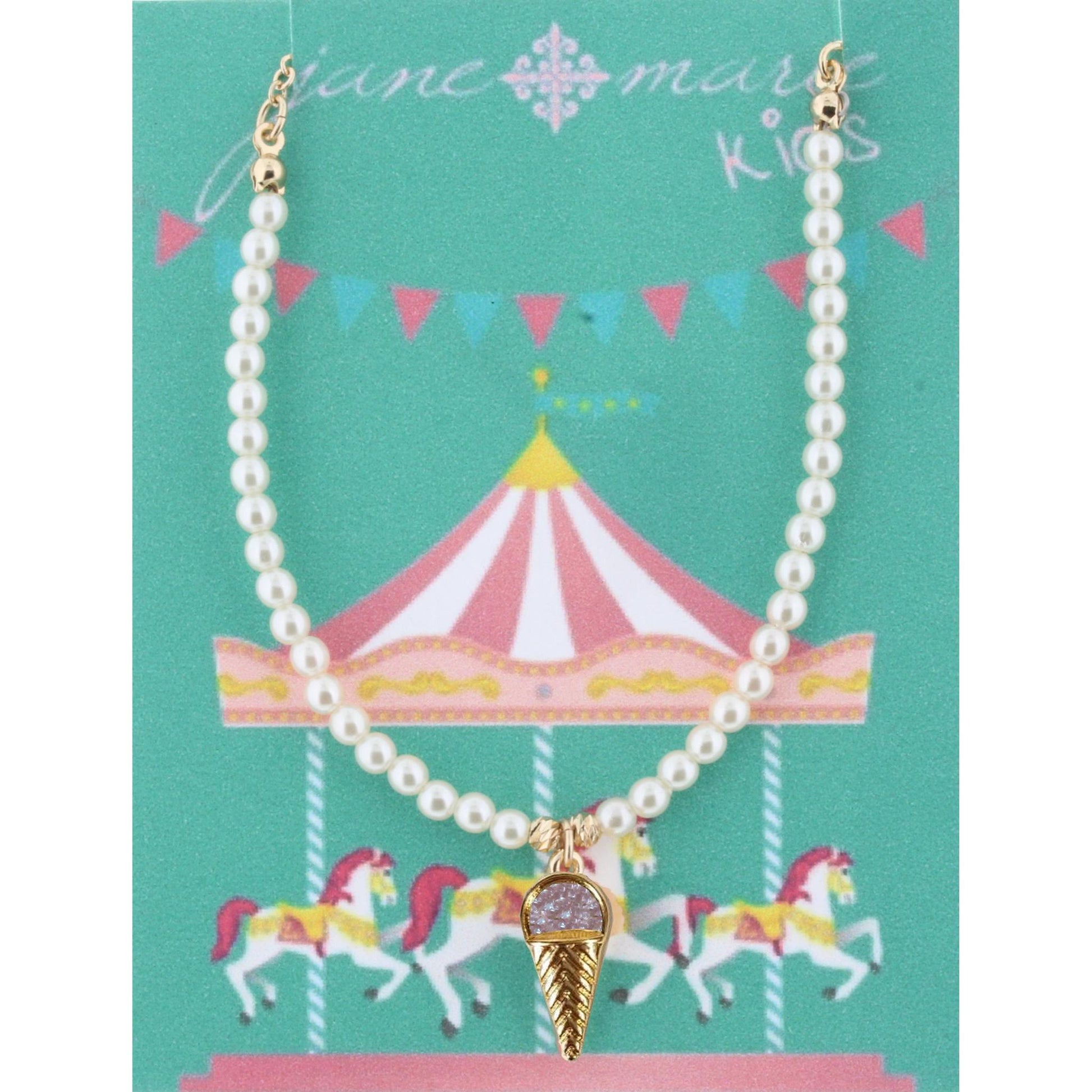 14" Kids Partial Pearl Beaded Necklace with Purple IceCream Cone Druzy Icon, 2"Ext