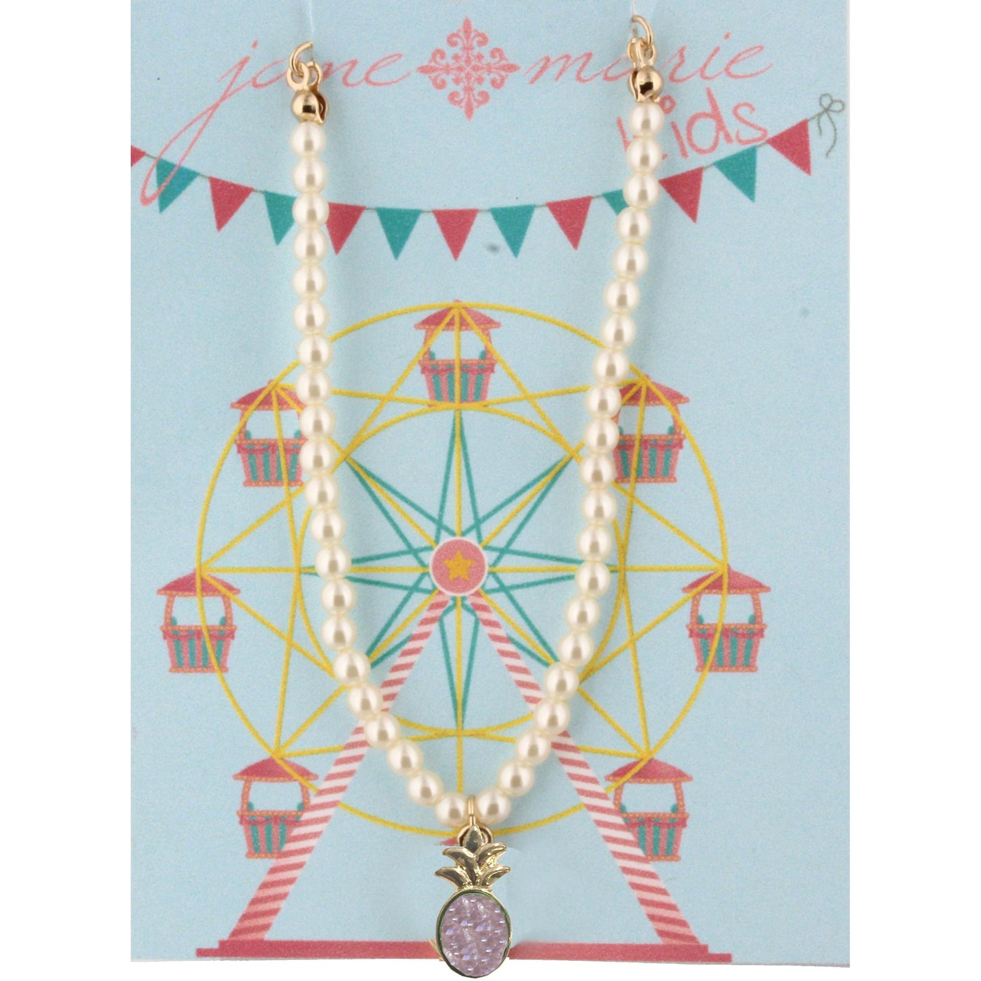 14" Kids Partial Pearl Beaded Necklace with Purple Pineapple Druzy Icon, 2" Ext