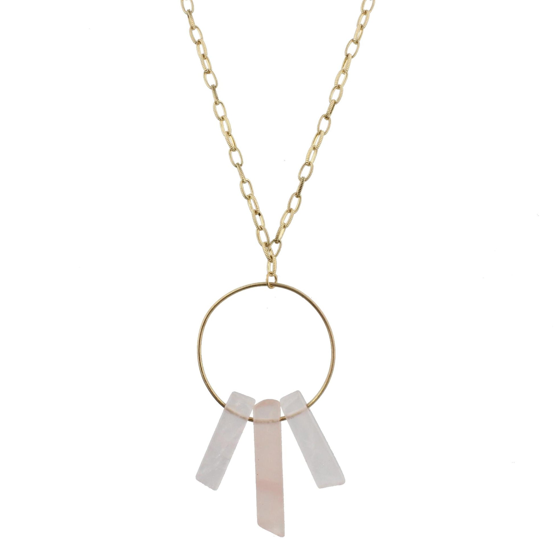 32" Pink Stone Spikes on Gold Hoop on Gold Chain Necklace , 3" Ext