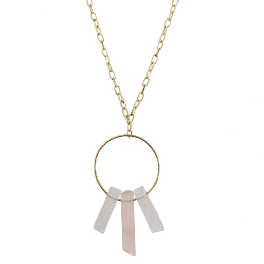 32" Pink Stone Spikes on Gold Hoop on Gold Chain Necklace , 3" Ext