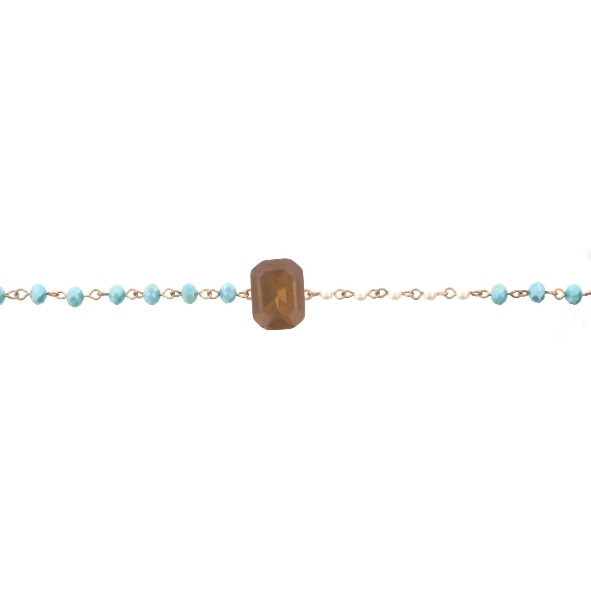14" Pearl & Aqua Linked Body Choker Necklace with Brown Square Rhinestone, 3" Ext