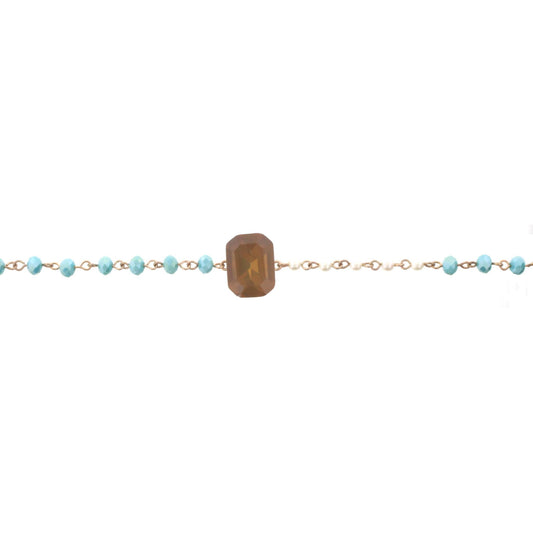 14" Pearl & Aqua Linked Body Choker Necklace with Brown Square Rhinestone, 3" Ext