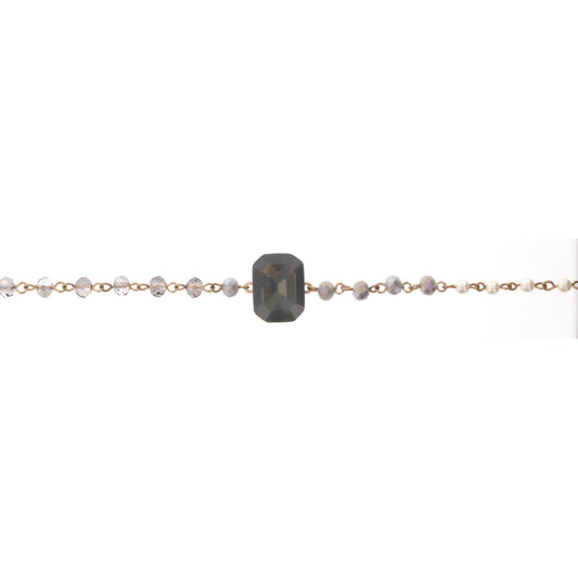 14" Pearl, Grey & BD Linked Body Choker Necklace with Grey Square Rhinestone, 3" Ext