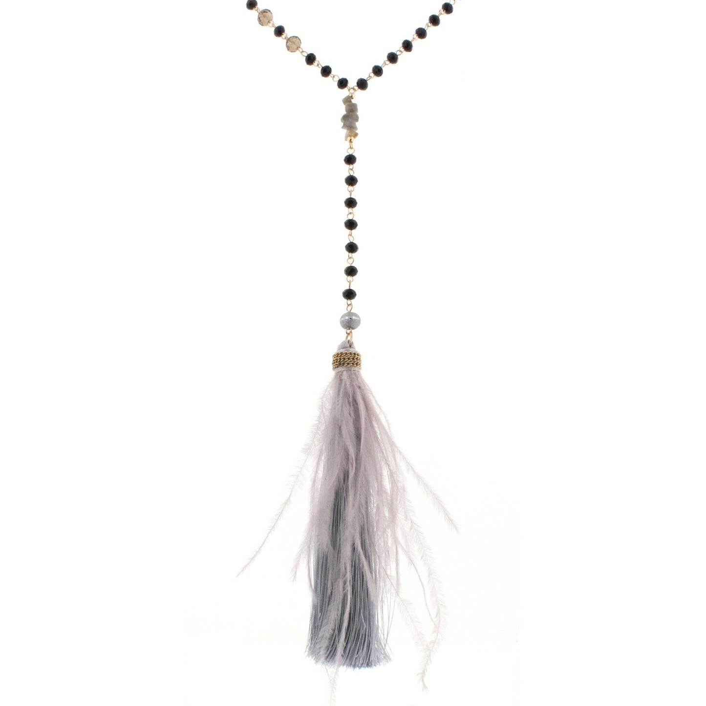 32" Lariat Jet Linked Necklace with Grey Stone Stack and Grey Feather, 3" Ext