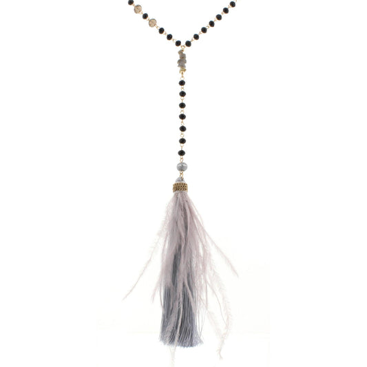 32" Lariat Jet Linked Necklace with Grey Stone Stack and Grey Feather, 3" Ext