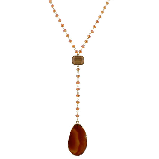 32" Lariat Dark Sunset Necklace with Brown Rhinestone and Brown Agate, 3" Ext