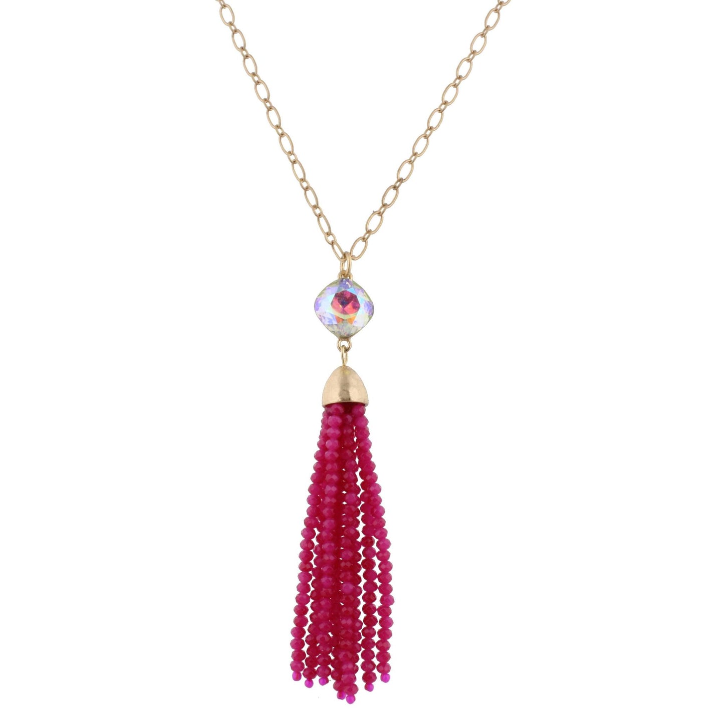 32" Pink Punch Beaded Tassel Necklace with AB Rhinestone, 3" Ext