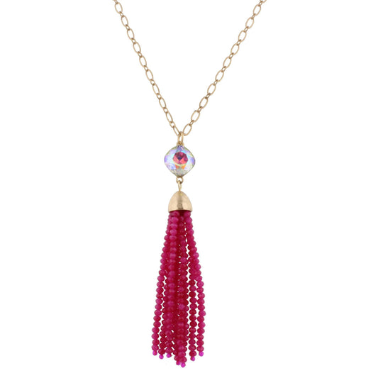 32" Pink Punch Beaded Tassel Necklace with AB Rhinestone, 3" Ext