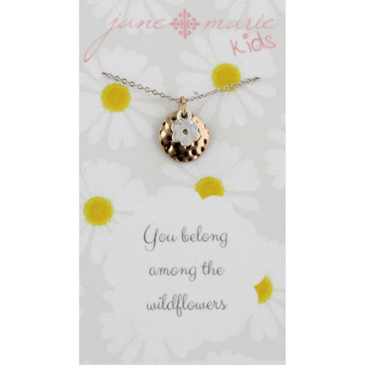 14" Kids Silver Necklace with Gold Disk & Silver Flower Charm, 3" Ext