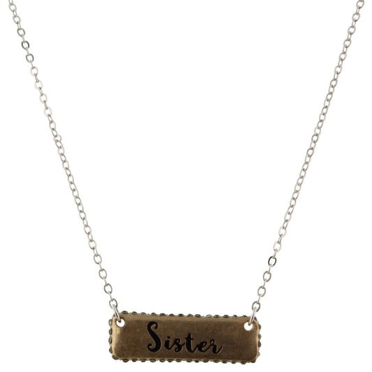 16" Silver Chain Necklace with "Sister" Gold Pave Bar, 3" Ext