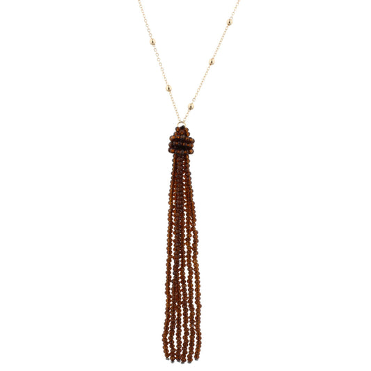 38" Gold Chain Necklace with Brown Beaded Tassel, 3" Ext