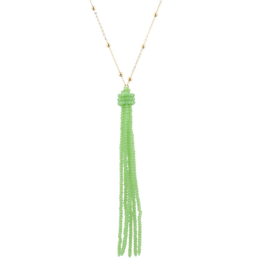 38" Gold Chain Necklace with Green Beaded Tassel, 3" Ext
