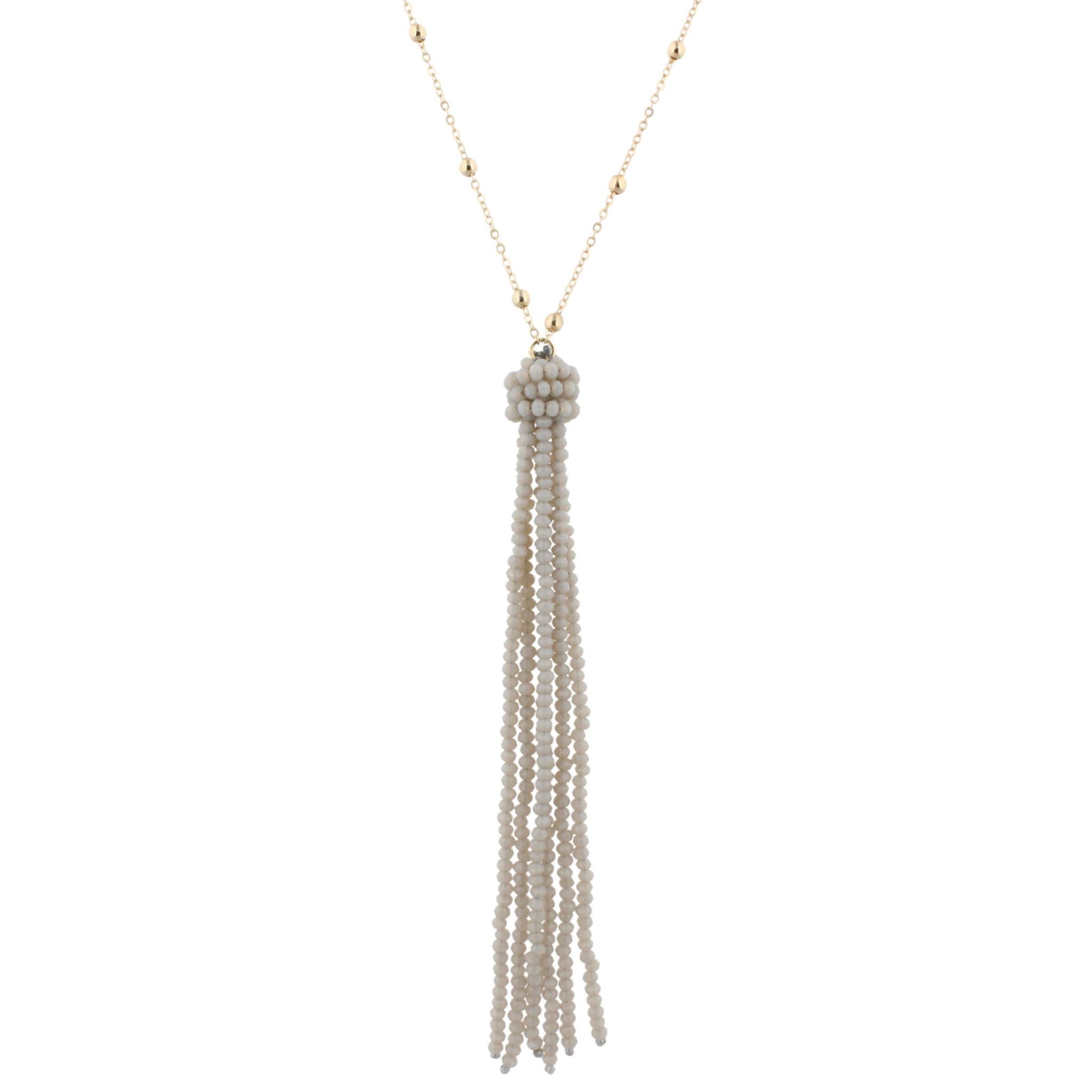 38" Gold Chain Necklace with Grey Beaded Tassel, 3" Ext