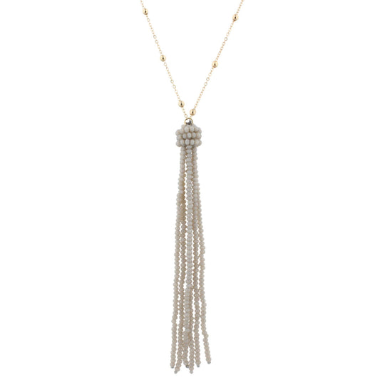38" Gold Chain Necklace with Grey Beaded Tassel, 3" Ext