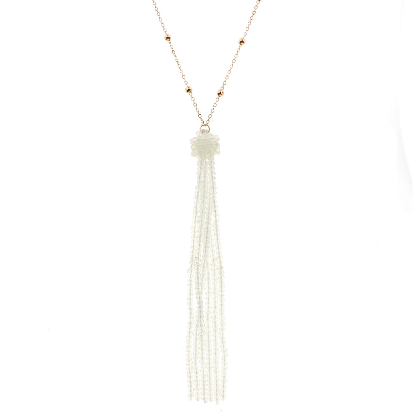 38" Gold Chain Necklace with Opal Beaded Tassel, 3" Ext