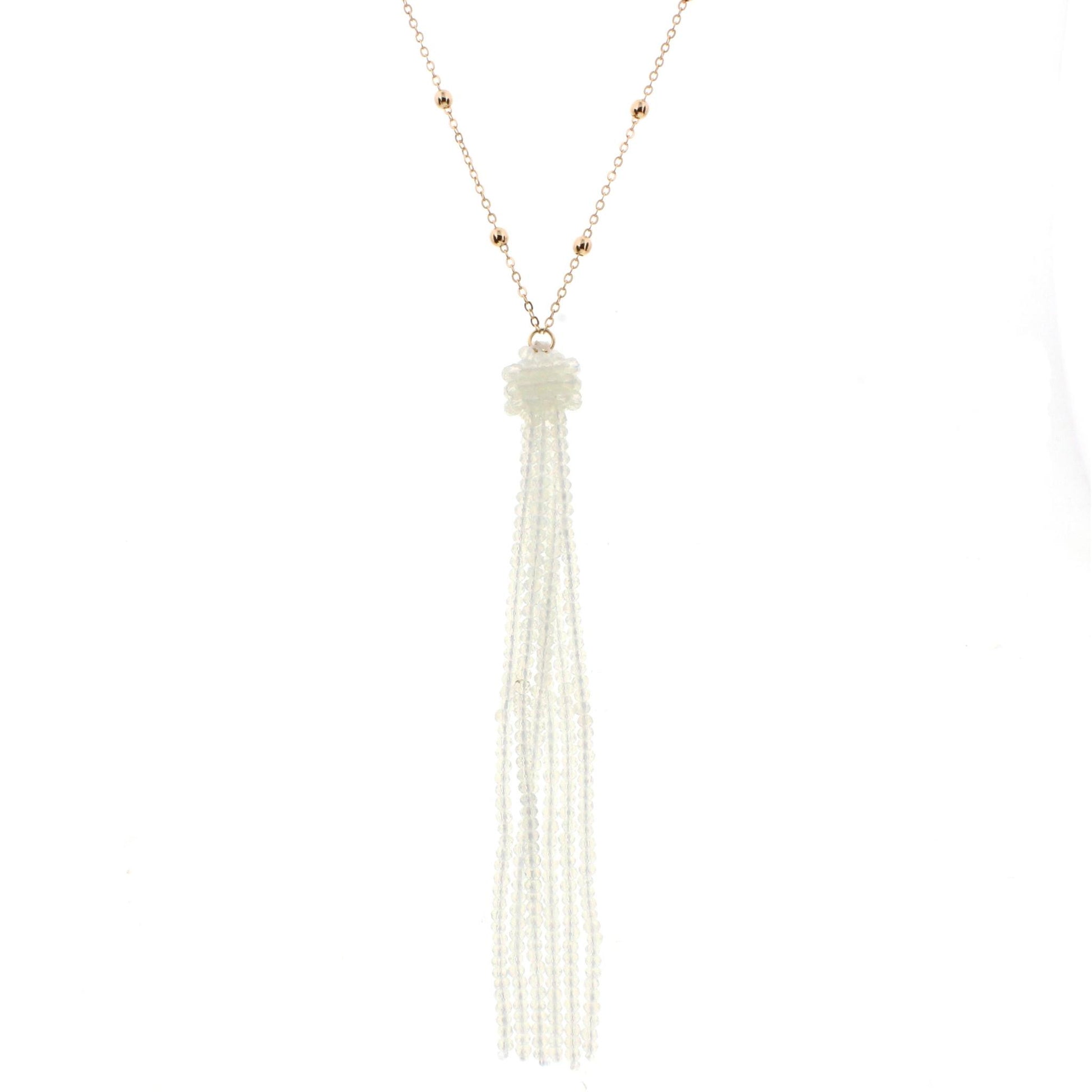 38" Gold Chain Necklace with Opal Beaded Tassel, 3" Ext