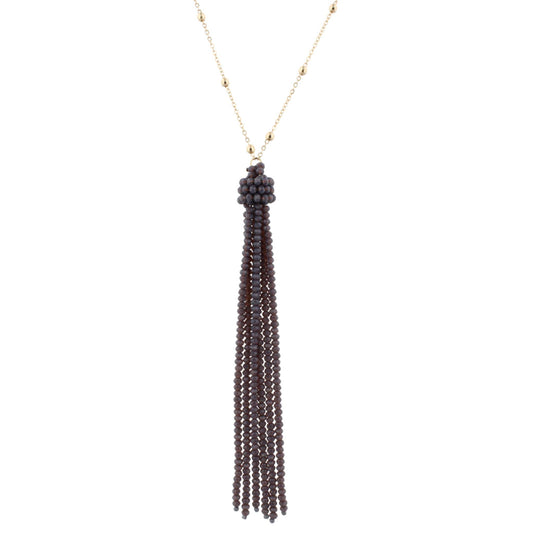 38" Gold Chain Necklace with Purple Grey Beaded Tassel, 3" Ext