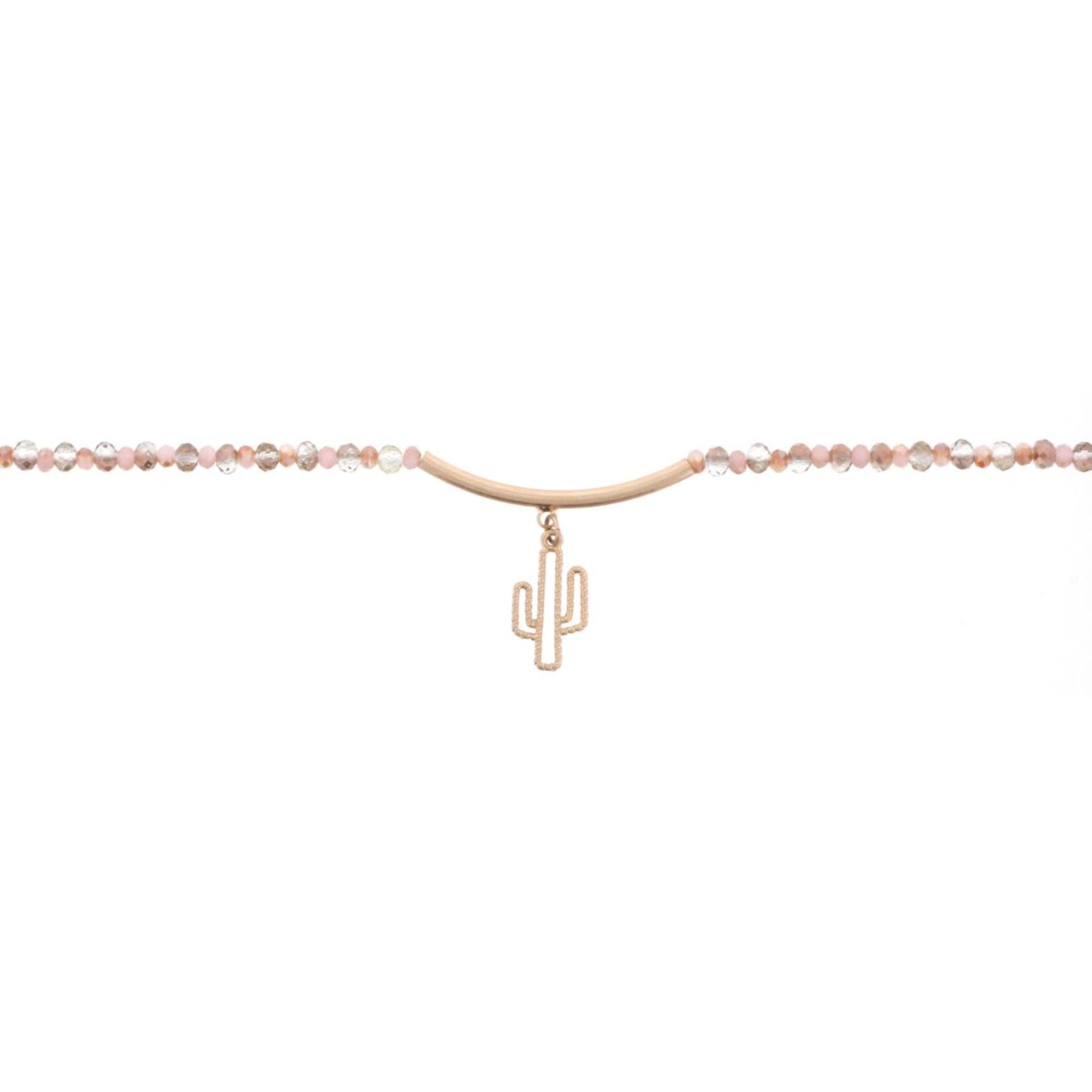 14" 2-Tone Pink Choker Necklace with Gold Bar & Cactus, 3" Ext