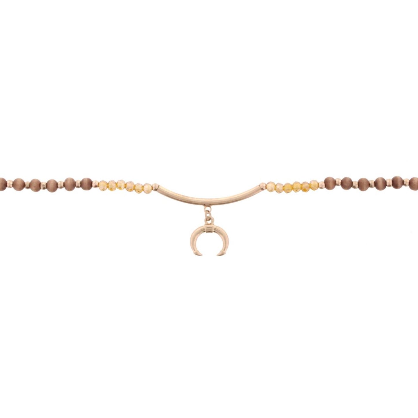 14"Wooden Brown Choker Necklace with Gold Bar & Double Horn, 3" Ext