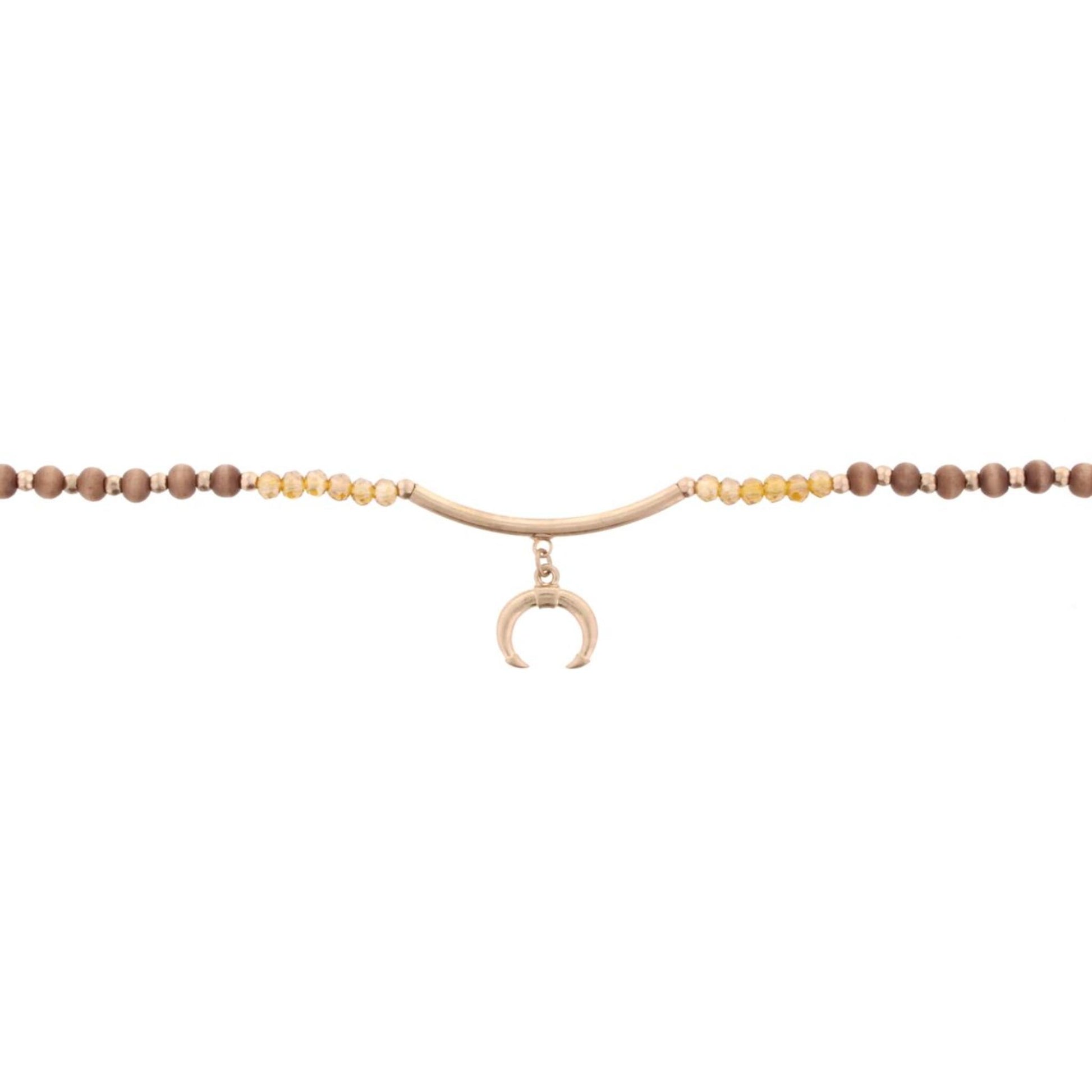 14"Wooden Brown Choker Necklace with Gold Bar & Double Horn, 3" Ext