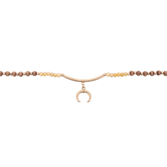 14"Wooden Brown Choker Necklace with Gold Bar & Double Horn, 3" Ext