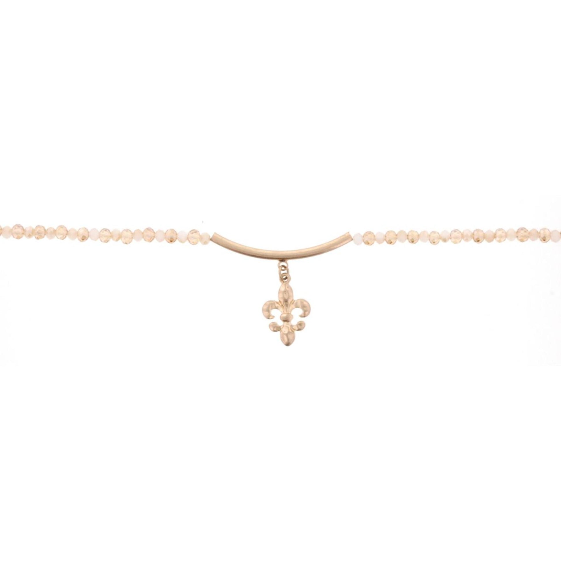 14"Champagne Choker Necklace with Gold Bar & Fleur De Lis, 3" Ext
