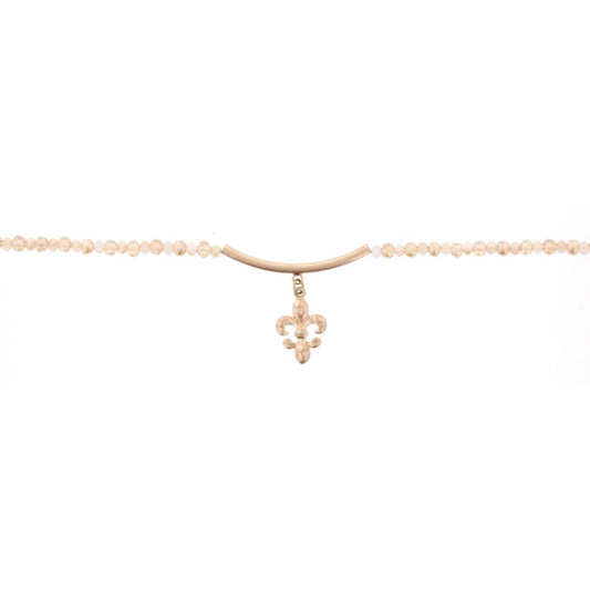 14"Champagne Choker Necklace with Gold Bar & Fleur De Lis, 3" Ext