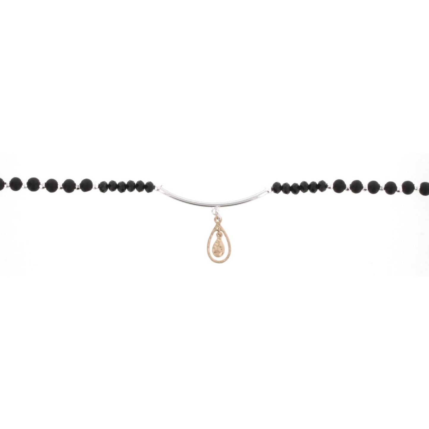 14" Wooden Jet Choker Necklace with Silver Bar & Gold Teardrop, 3" Ext