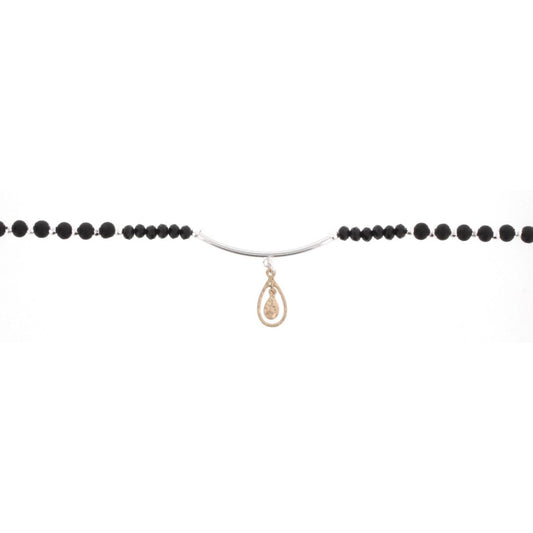 14" Wooden Jet Choker Necklace with Silver Bar & Gold Teardrop, 3" Ext