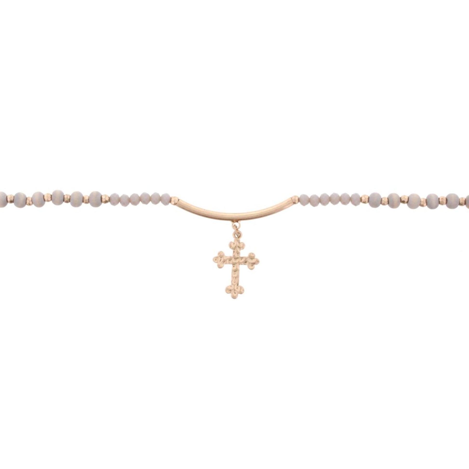 14" Wooden Grey Choker Necklace with Gold Bar & Cross, 3" Ext