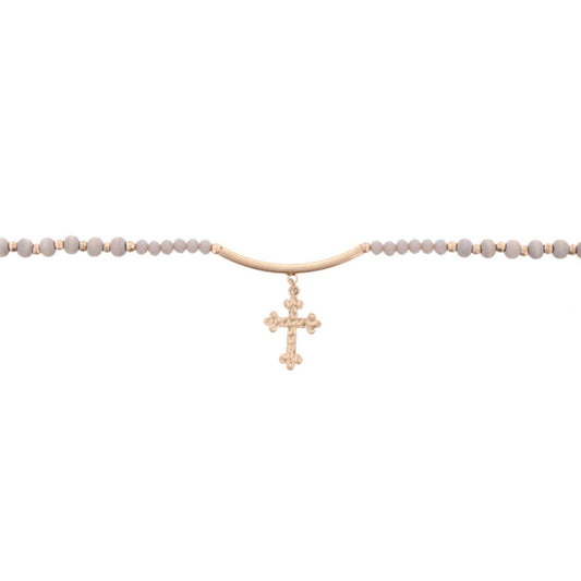 14" Wooden Grey Choker Necklace with Gold Bar & Cross, 3" Ext