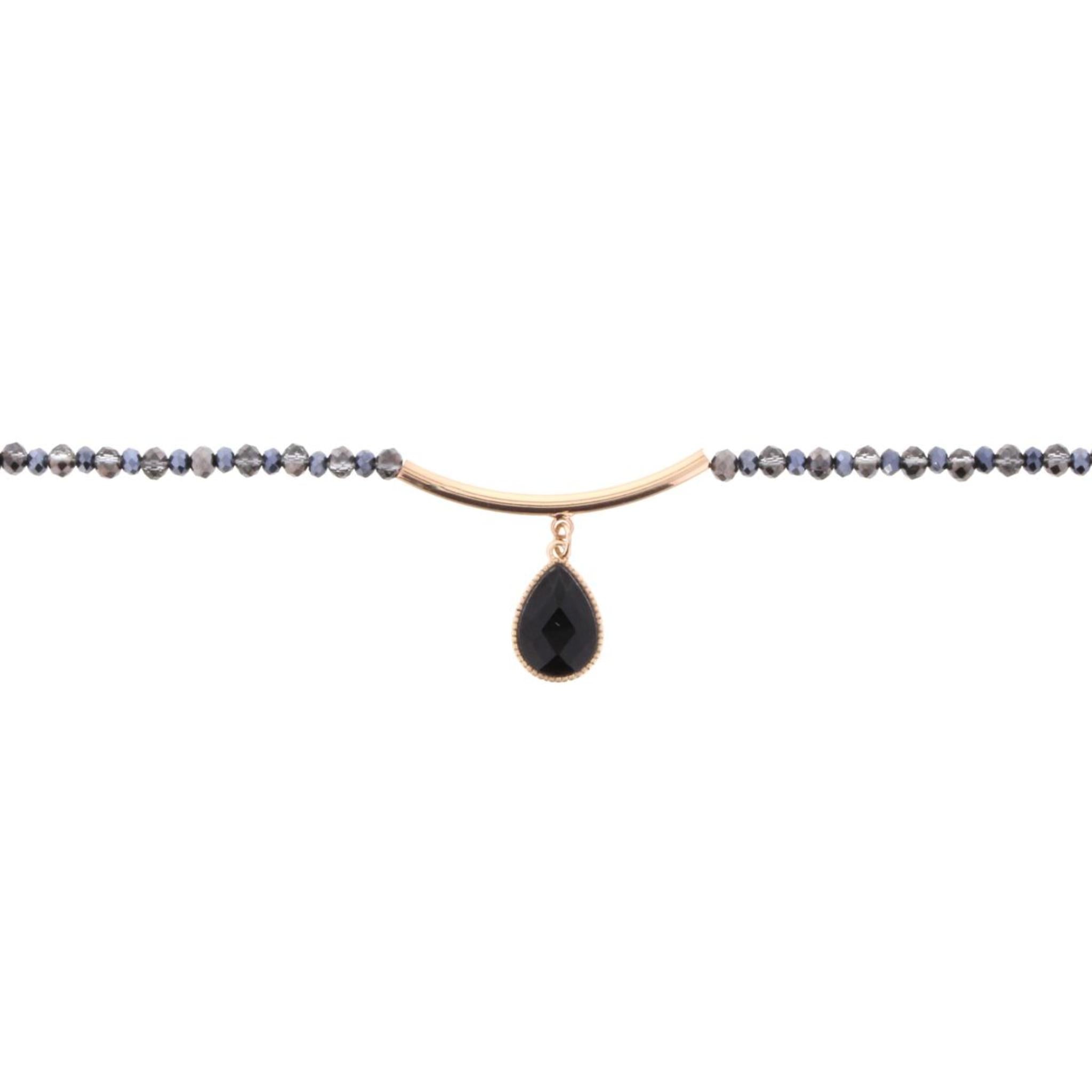 14" 2-Tone Black Diamond Choker Necklace with Gold Bar & Jet Teardrop, 3" Ext