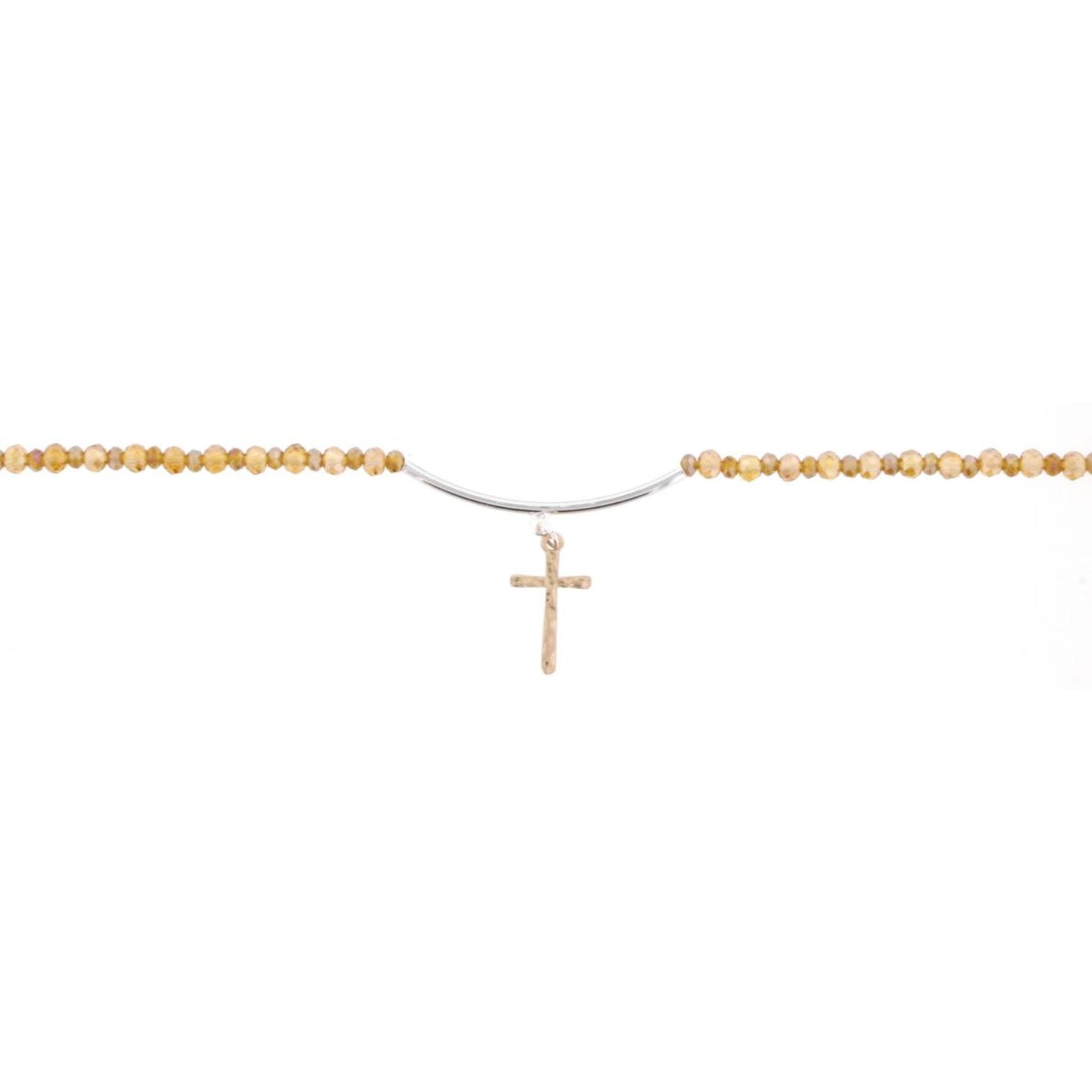 14" Topaz Choker Necklace with Silver Bar & Gold Cross, 3" Ext