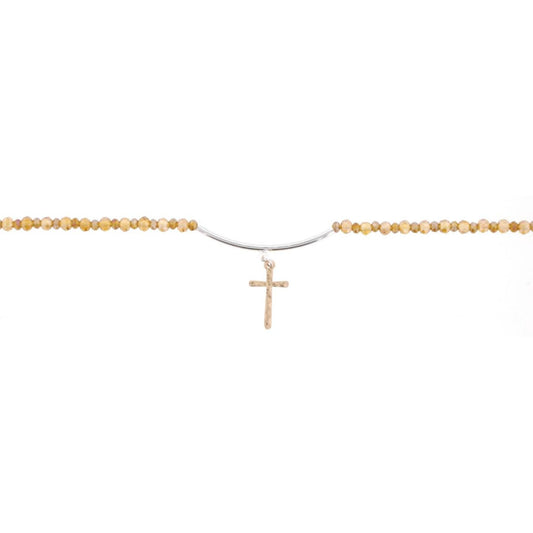 14" Topaz Choker Necklace with Silver Bar & Gold Cross, 3" Ext